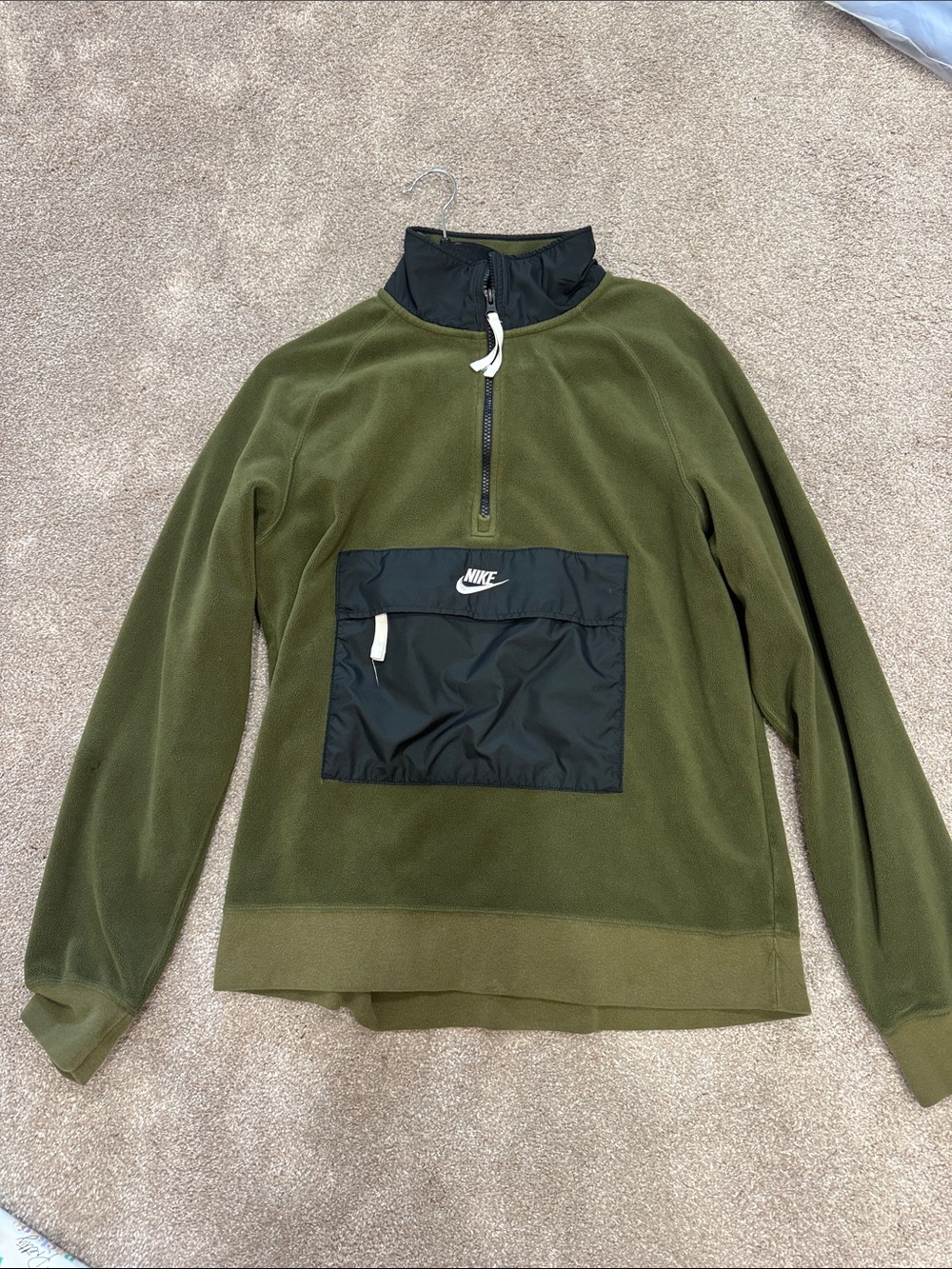 Nike Olive Green Quarter-Zip Sweater with Black Chest Pocket